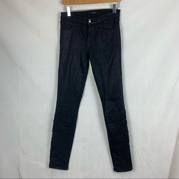 J BRAND Coated Black Skinny Jeans with Lace Detail Sz 6 - Picture 3 of 8